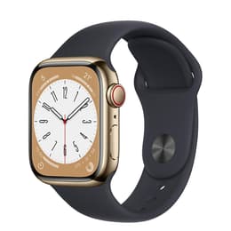 Apple Watch (Series 7) 2021 GPS + Cellular 45 mm - Roestvrij staal Goud - Sportbandje Zwart