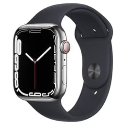 Apple Watch (Series 7) 2021 GPS + Cellular 45 mm - Roestvrij staal Zilver - Sportbandje Zwart