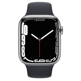 Apple Watch (Series 7) 2021 GPS + Cellular 45 mm - Roestvrij staal Zilver - Sportbandje Zwart