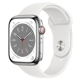 Apple Watch Series 8 (2022) GPS + Cellular 45 mm - Roestvrij staal Zilver - Sportbandje Wit
