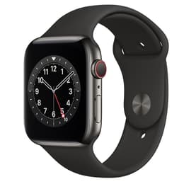 Apple Watch (Series 6) 2020 GPS + Cellular 44 mm - Roestvrij staal Grijs - Geweven sportbandje Zwart