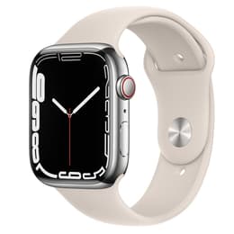 Apple Watch (Series 7) 2021 GPS 45 mm - Roestvrij staal Zilver - Sportbandje Wit