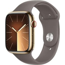 Apple Watch Series 9 (2023) GPS + Cellular 45 mm - Roestvrij staal Goud - Sportbandje Bruin
