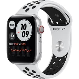 Apple Watch (Series 6) 2020 GPS + Cellular 44 mm - Aluminium Zilver - Geweven sportbandje van Nike Platina/zwart