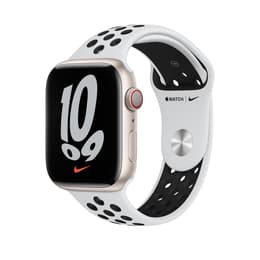 Apple Watch (Series 7) 2021 GPS + Cellular 41 mm - Aluminium Sterrenlicht - Sportbandje van Nike Wit/Zwart
