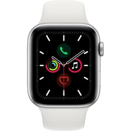 Apple Watch (Series 5) 2019 GPS + Cellular 44 mm - Roestvrij staal Zilver - Geweven sportbandje Wit