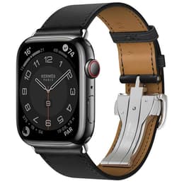 Apple Watch (Series 7) 2021 GPS 45 mm - Roestvrij staal Spacegrijs - Leather Link-bandje Zwart