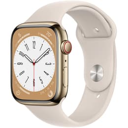 Apple Watch Series 8 (2022) GPS + Cellular 41 mm - Roestvrij staal Goud - Sportbandje Sterrenlicht