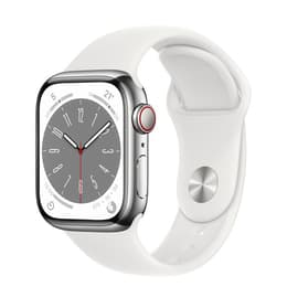 Apple Watch Series 8 (2022) GPS + Cellular 41 mm - Roestvrij staal Zilver - Sportbandje Wit