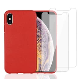 Hoesje iPhone X/iPhone XS en 2 beschermende schermen - Natuurlijk materiaal - Rood