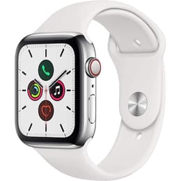 Apple Watch (Series 5) 2019 GPS + Cellular 44 mm - Roestvrij staal Zilver - Sport armband Wit