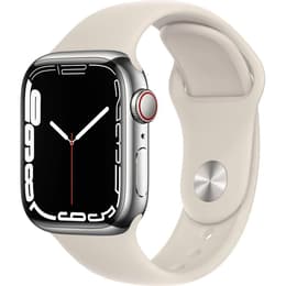 Apple Watch (Series 7) 2021 GPS + Cellular 45 mm - Roestvrij staal Grijs - Sportbandje Wit